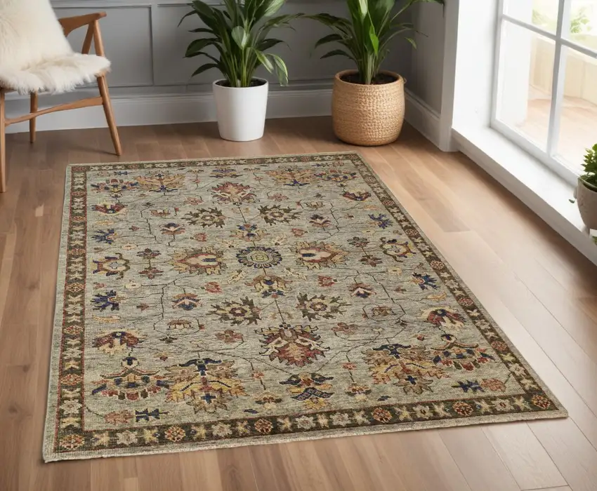Gray and Ivory Wool Floral Hand Knotted Area Rug With Fringe Photo 1