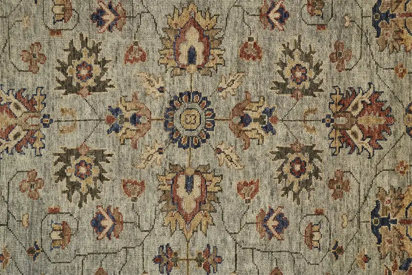 Gray Gold And Red Wool Floral Hand Knotted Stain Resistant Area Rug With Fringe Photo 6