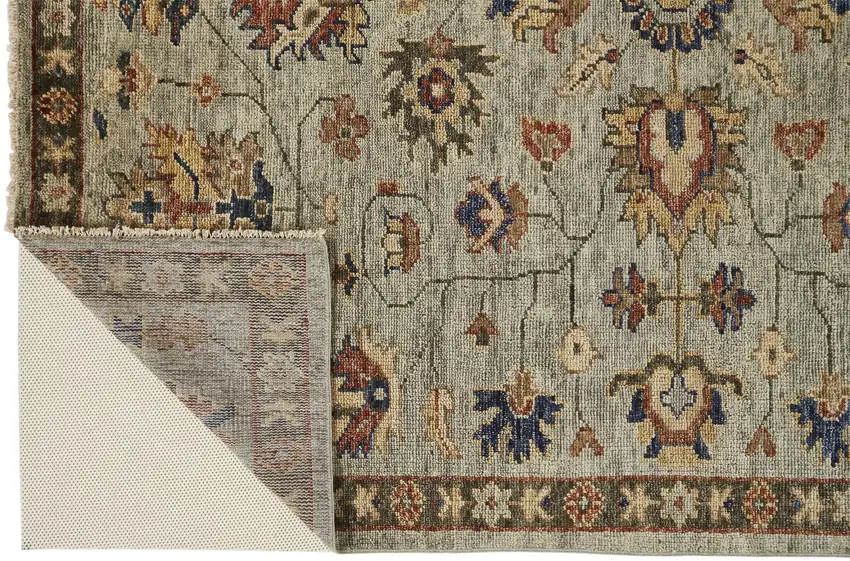 Gray Gold And Red Wool Floral Hand Knotted Stain Resistant Area Rug With Fringe Photo 6