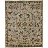 Photo of Gray Gold And Red Wool Floral Hand Knotted Stain Resistant Area Rug With Fringe
