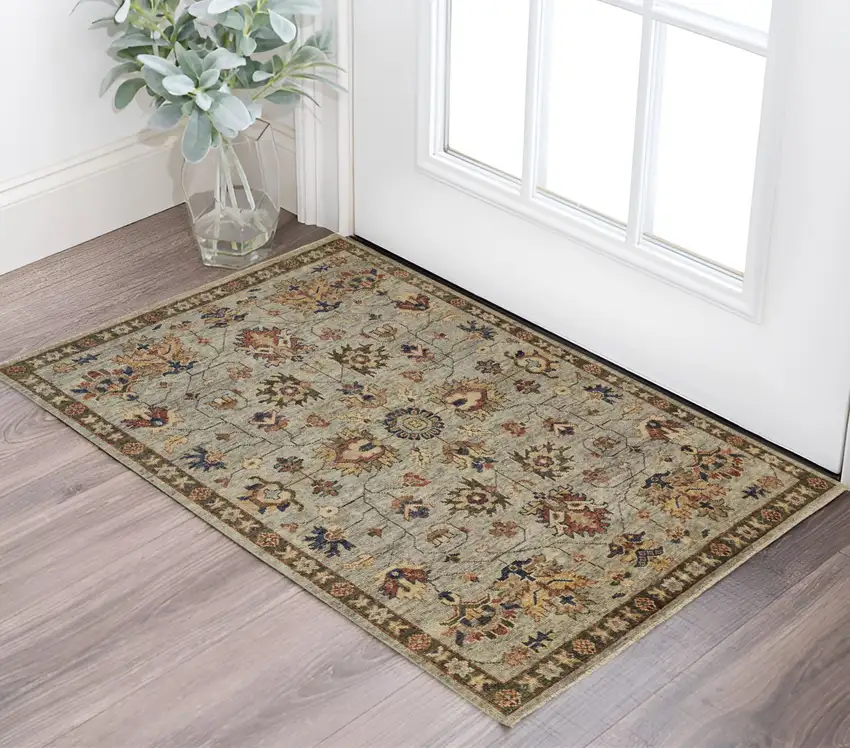 Gray and Ivory Wool Floral Hand Knotted Area Rug With Fringe Photo 1