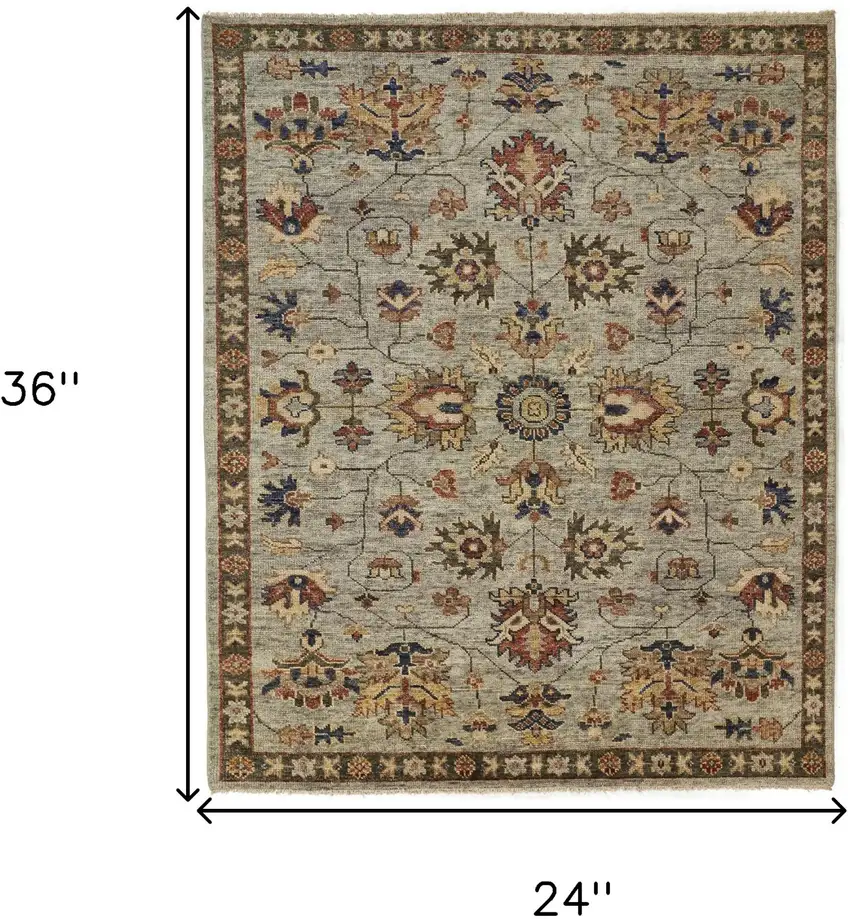 Gray Gold And Red Wool Floral Hand Knotted Stain Resistant Area Rug With Fringe Photo 7
