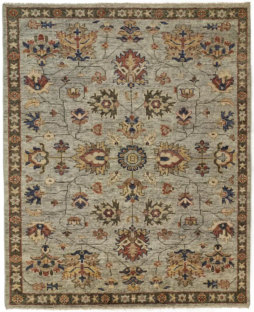Gray Gold And Red Wool Floral Hand Knotted Stain Resistant Area Rug With Fringe Photo 1