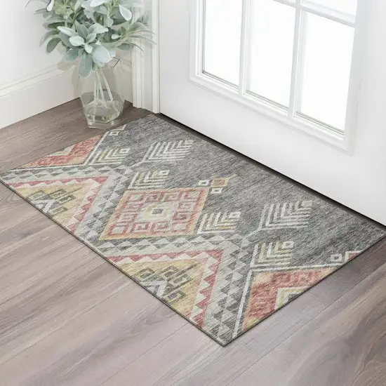 Gray Gold And Salmon Geometric Washable Area Rug With UV Protection Photo 2