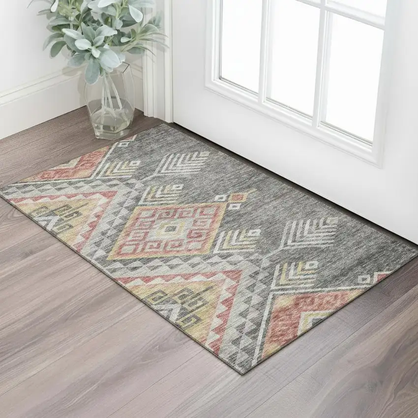 Gray Gold And Salmon Geometric Washable Area Rug With UV Protection Photo 2