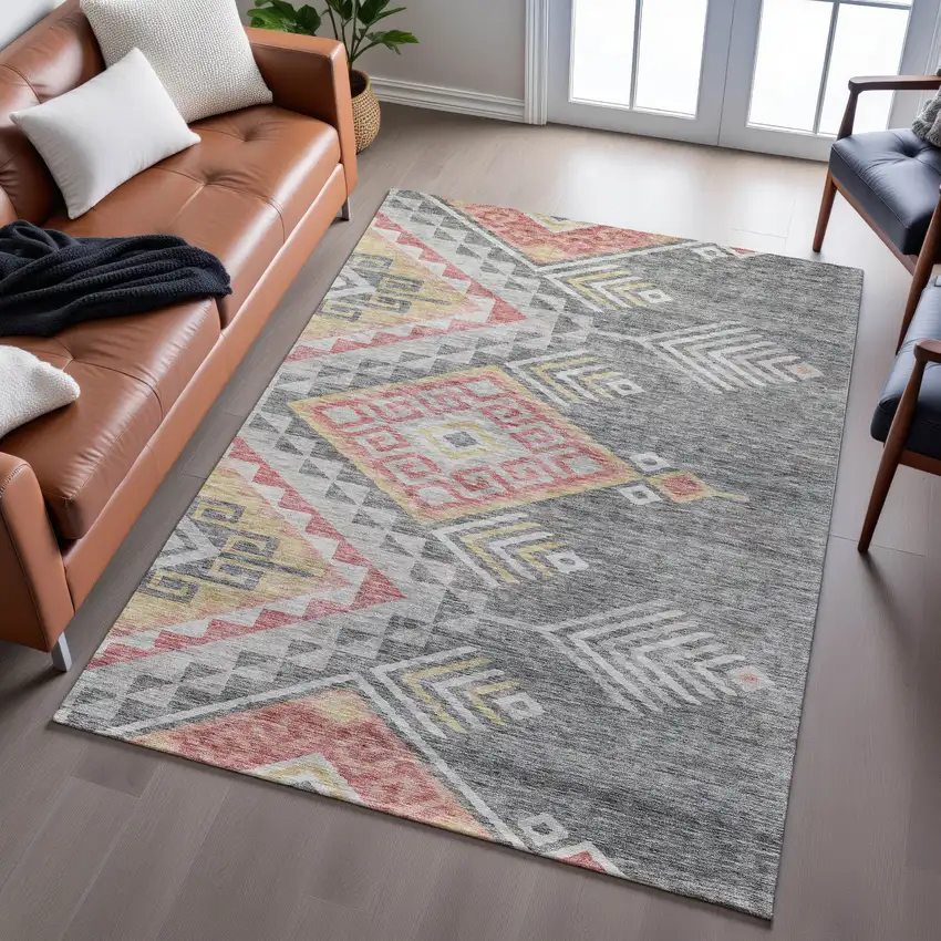 Gray Gold And Salmon Geometric Washable Area Rug With UV Protection Photo 5