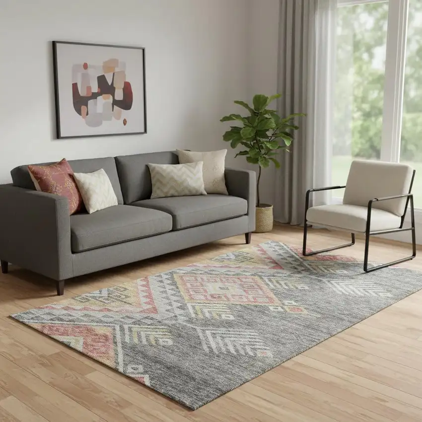 Gray Gold And Salmon Geometric Washable Area Rug With UV Protection Photo 2