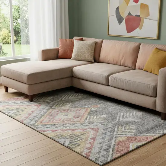 Gray Gold And Salmon Geometric Washable Area Rug With UV Protection Photo 2