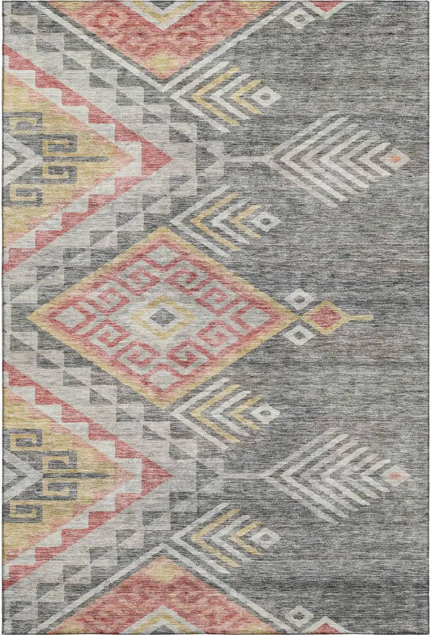 Gray Gold And Salmon Geometric Washable Area Rug With UV Protection Photo 1