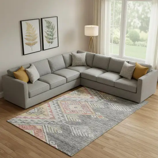 Gray Gold And Salmon Geometric Washable Area Rug With UV Protection Photo 2