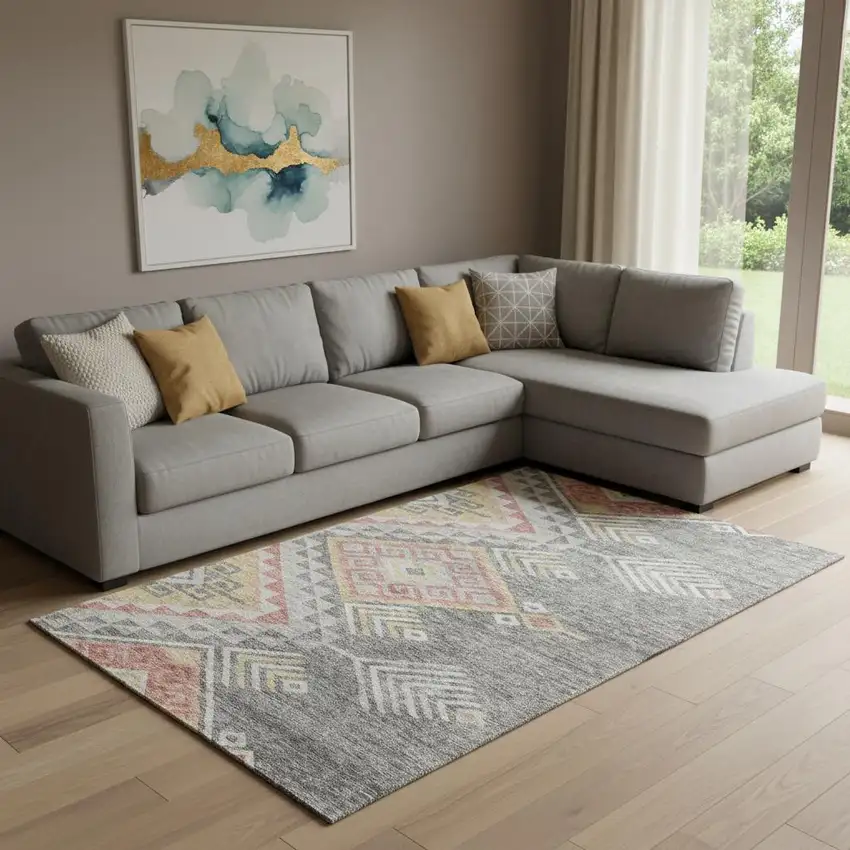 Gray Gold And Salmon Geometric Washable Area Rug With UV Protection Photo 2