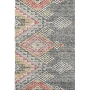 Photo of Gray Gold And Salmon Geometric Washable Area Rug With UV Protection