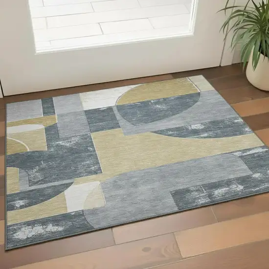 Gray Gold And Silver Abstract Geometric Washable Area Rug With UV Protection Photo 2