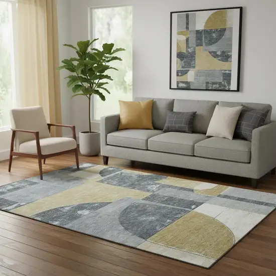 Gray Gold And Silver Abstract Geometric Washable Area Rug With UV Protection Photo 2