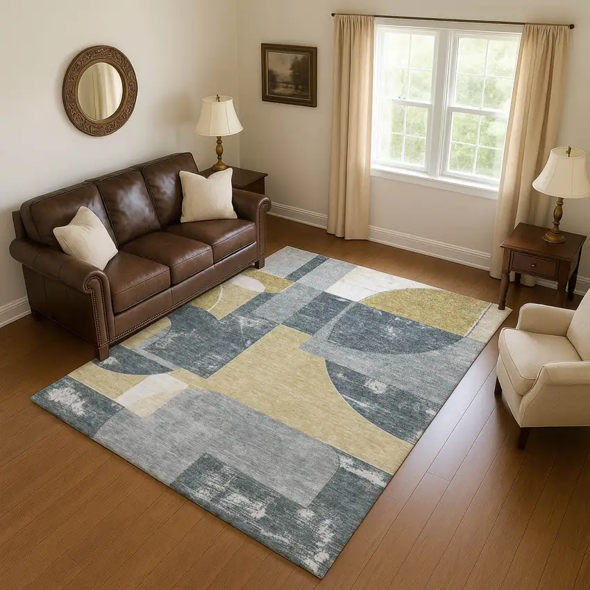 Gray Gold And Silver Abstract Geometric Washable Area Rug With UV Protection Photo 4