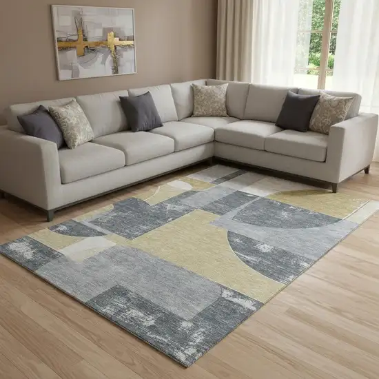 Gray Gold And Silver Abstract Geometric Washable Area Rug With UV Protection Photo 2