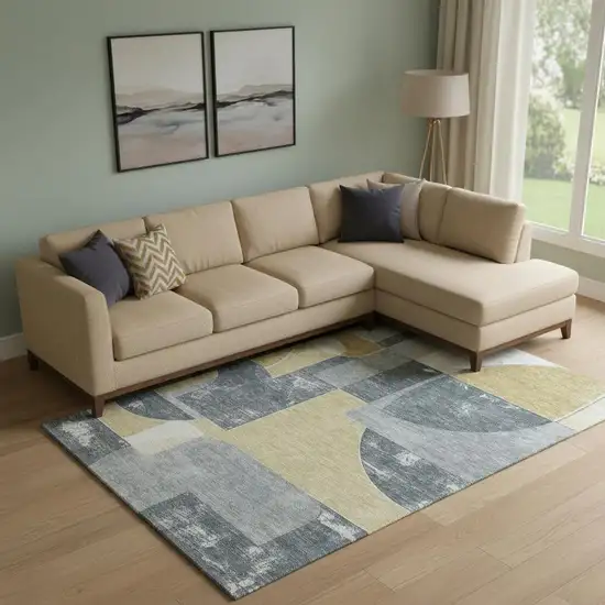 Gray Gold And Silver Abstract Geometric Washable Area Rug With UV Protection Photo 2