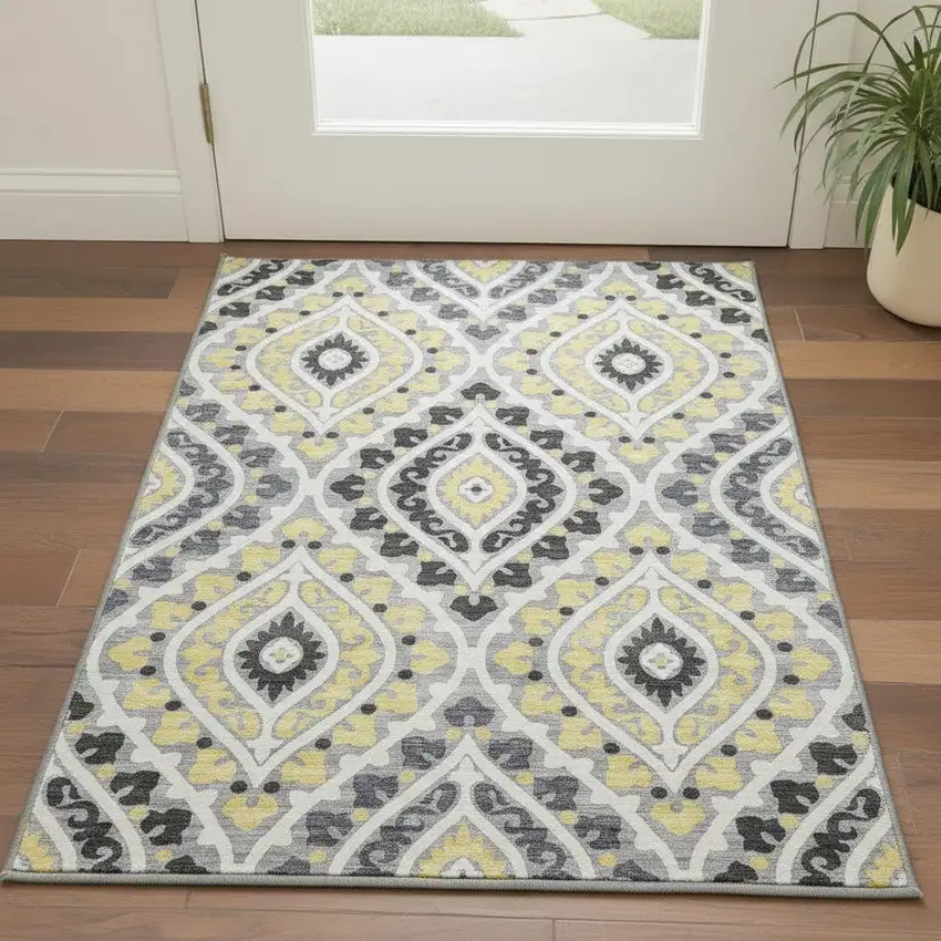 Gray Gold And Silver Diamond Washable Area Rug With UV Protection Photo 2