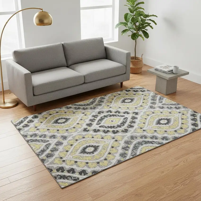 Gray Gold And Silver Diamond Washable Area Rug With UV Protection Photo 2