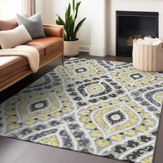 Gray Gold And Silver Diamond Washable Area Rug With UV Protection Photo 6