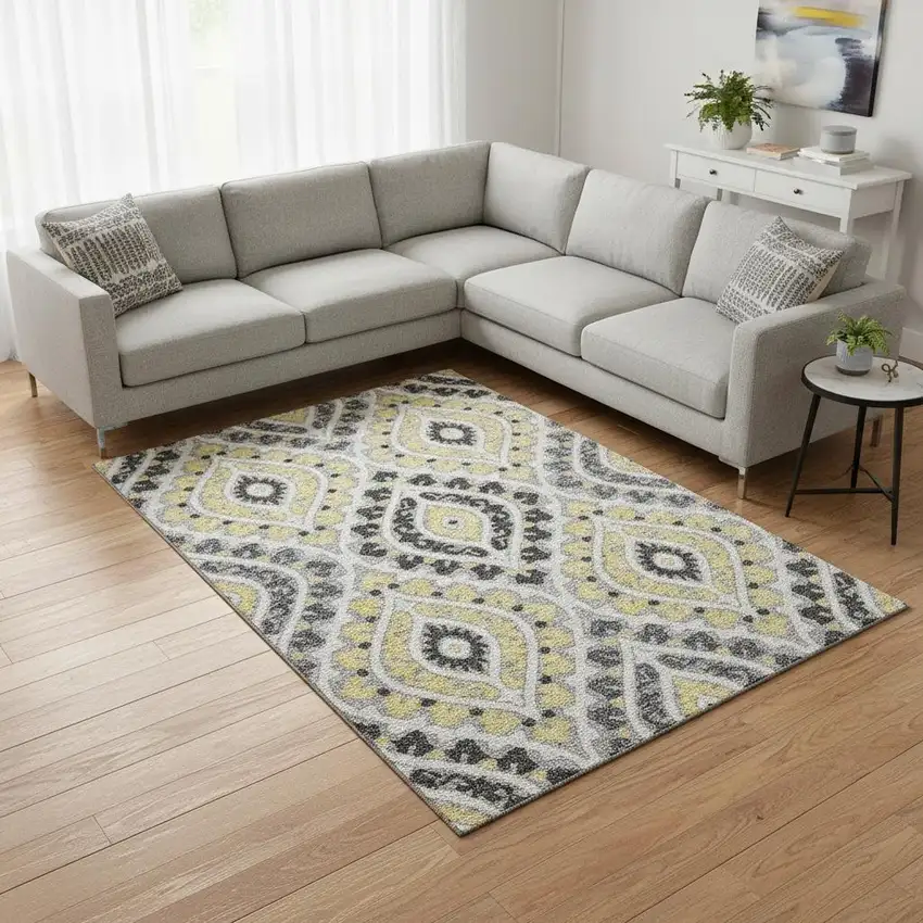 Gray Gold And Silver Diamond Washable Area Rug With UV Protection Photo 2