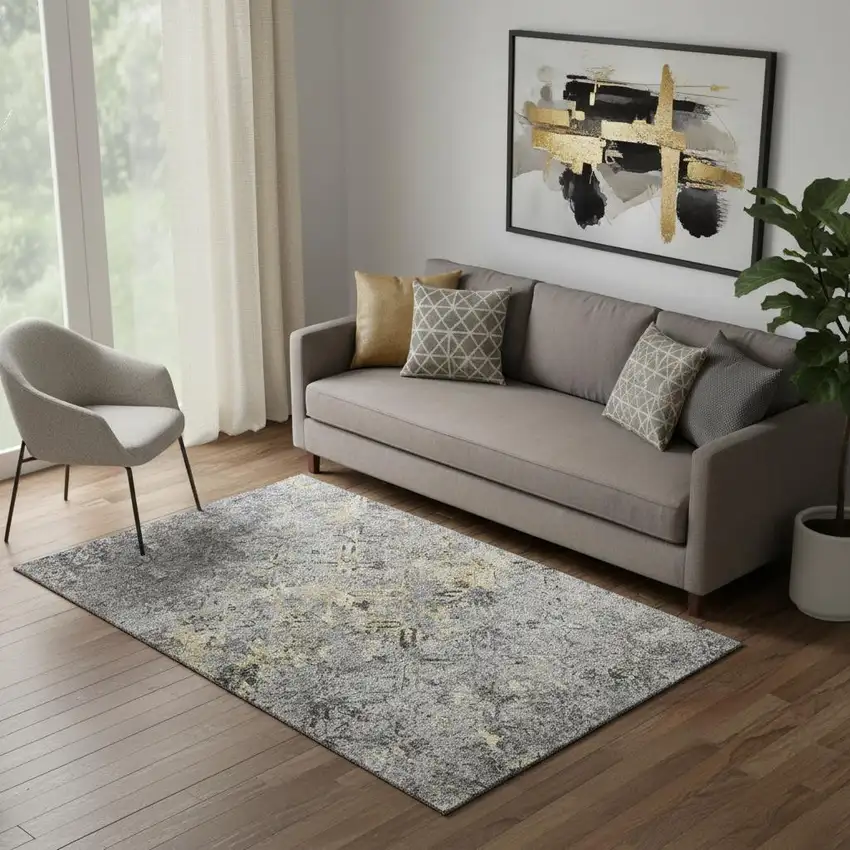 Gray Gold And Silver Diamond Washable Area Rug With UV Protection Photo 1