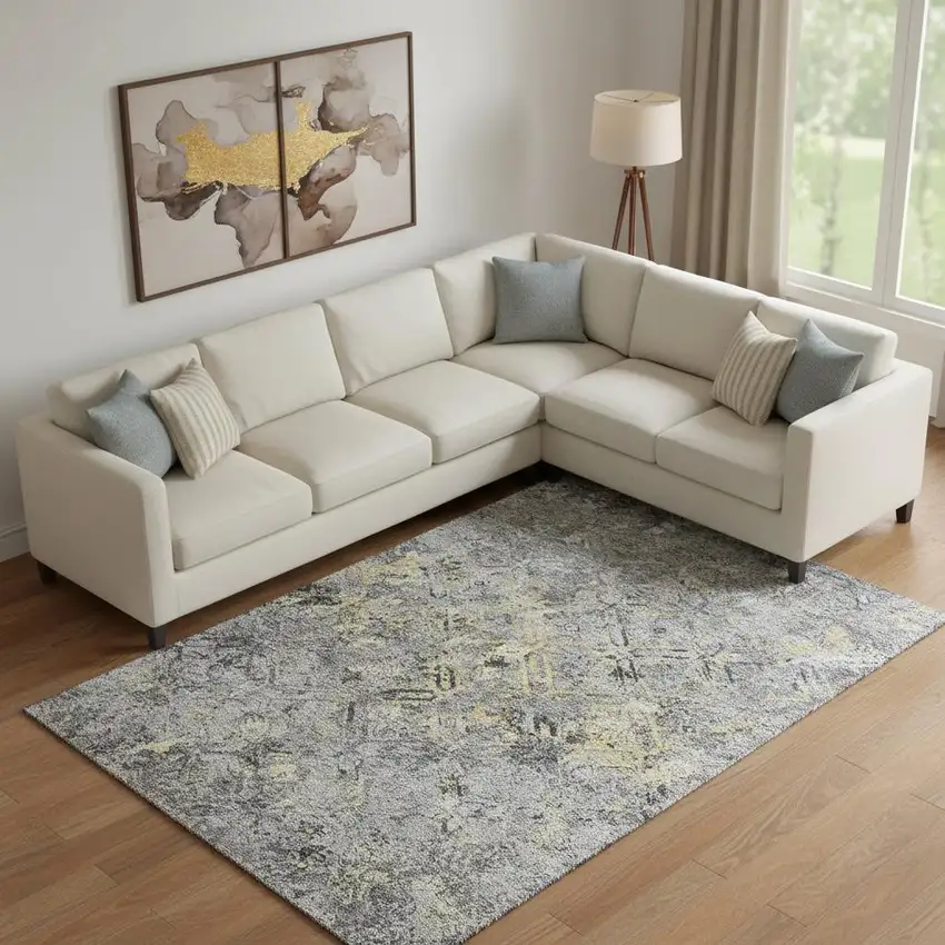 Gray Gold And Silver Diamond Washable Area Rug With UV Protection Photo 1