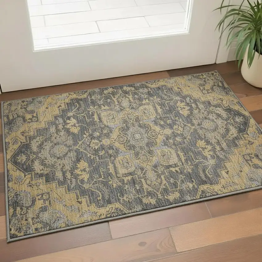 Gray Gold And Silver Floral Medallion Washable Area Rug With UV Protection Photo 2