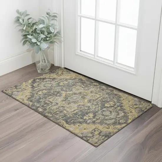 Gray Gold And Silver Floral Medallion Washable Area Rug With UV Protection Photo 1