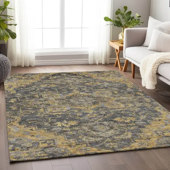 Gray Gold And Silver Floral Medallion Washable Area Rug With UV Protection Photo 6