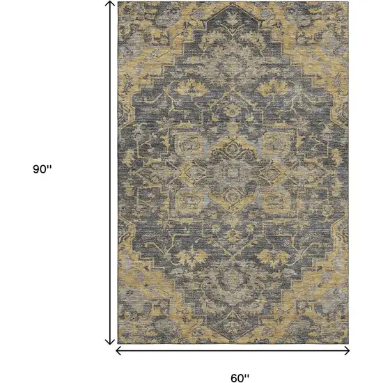 Gray Gold And Silver Floral Medallion Washable Area Rug With UV Protection Photo 3