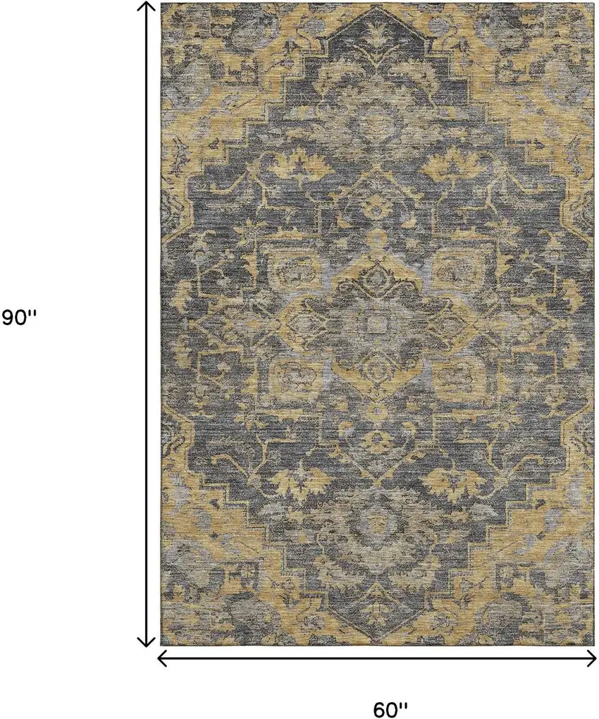 Gray Gold And Silver Floral Medallion Washable Area Rug With UV Protection Photo 3
