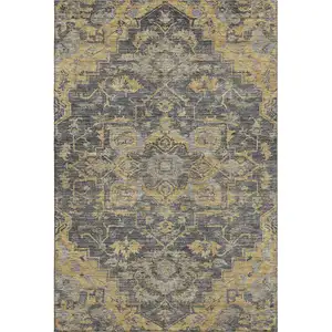Photo of Gray Gold And Silver Floral Medallion Washable Area Rug With UV Protection
