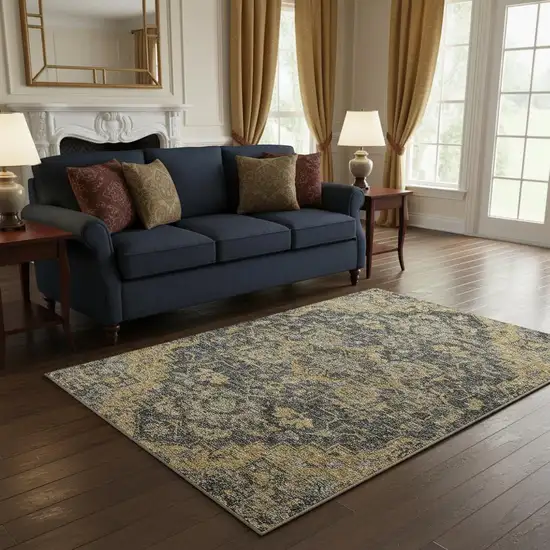 Gray Gold And Silver Floral Medallion Washable Area Rug With UV Protection Photo 2