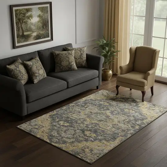 Gray Gold And Silver Floral Medallion Washable Area Rug With UV Protection Photo 1