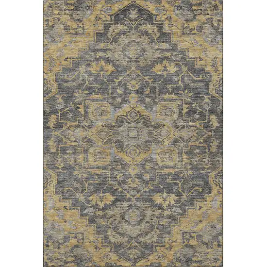 Gray Gold And Silver Floral Medallion Washable Area Rug With UV Protection Photo 3