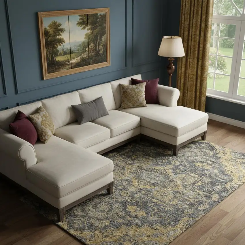 Gray Gold And Silver Floral Medallion Washable Area Rug With UV Protection Photo 1