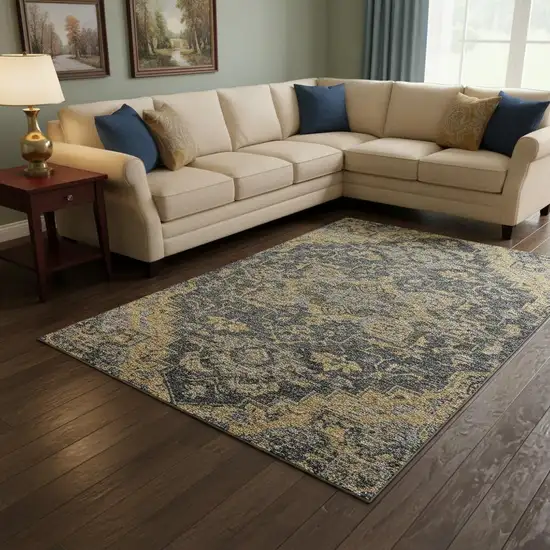 Gray Gold And Silver Floral Medallion Washable Area Rug With UV Protection Photo 2