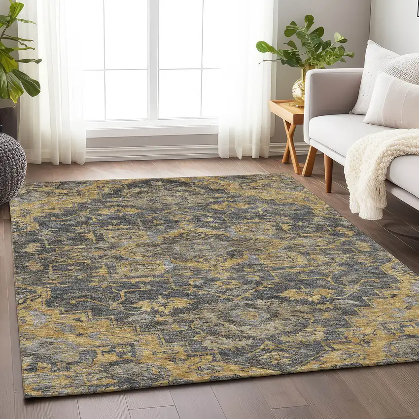 Gray Gold And Silver Floral Medallion Washable Area Rug With UV Protection Photo 5