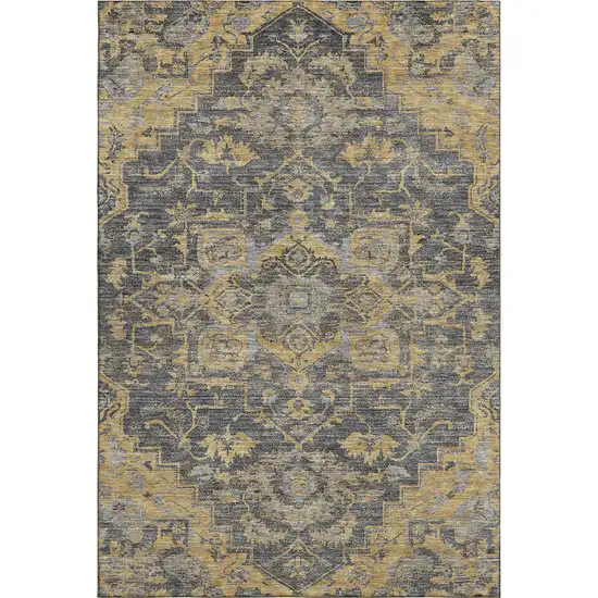 Gray Gold And Silver Floral Medallion Washable Area Rug With UV Protection Photo 1