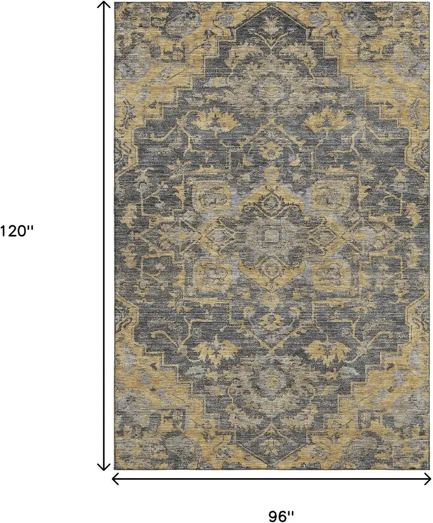 Gray Gold And Silver Floral Medallion Washable Area Rug With UV Protection Photo 3