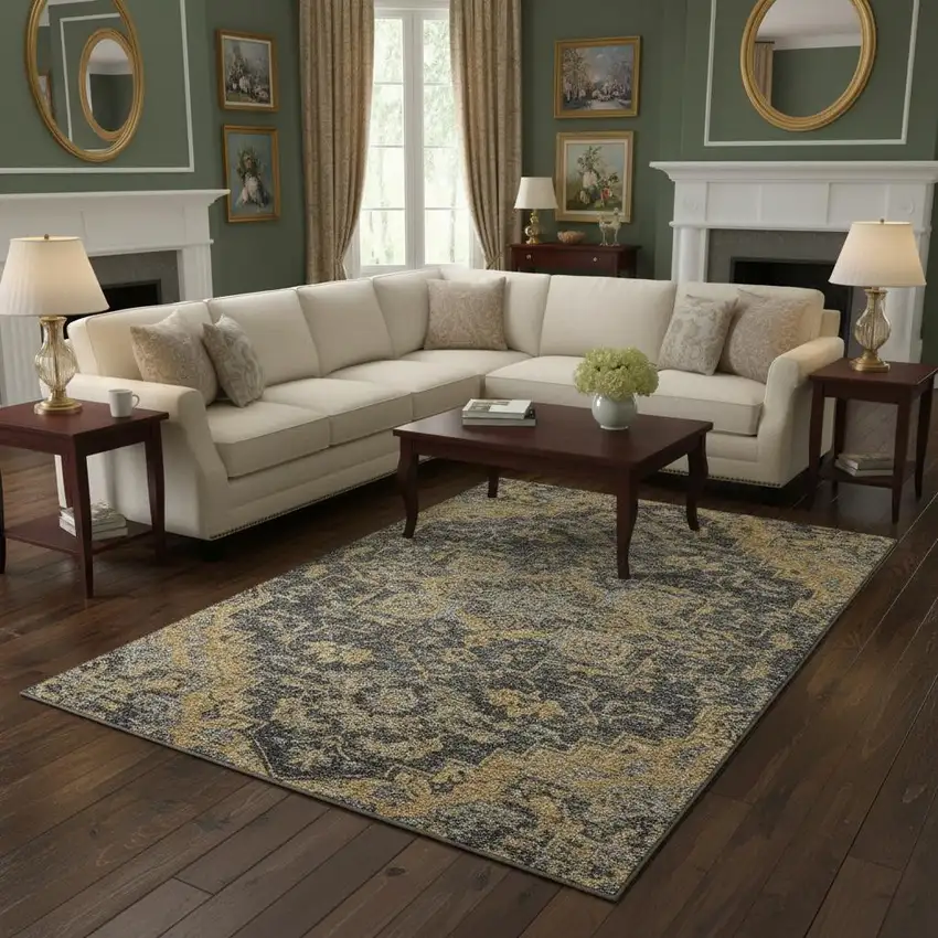 Gray Gold And Silver Floral Medallion Washable Area Rug With UV Protection Photo 2