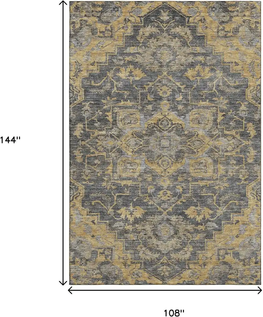 Gray Gold And Silver Floral Medallion Washable Area Rug With UV Protection Photo 3