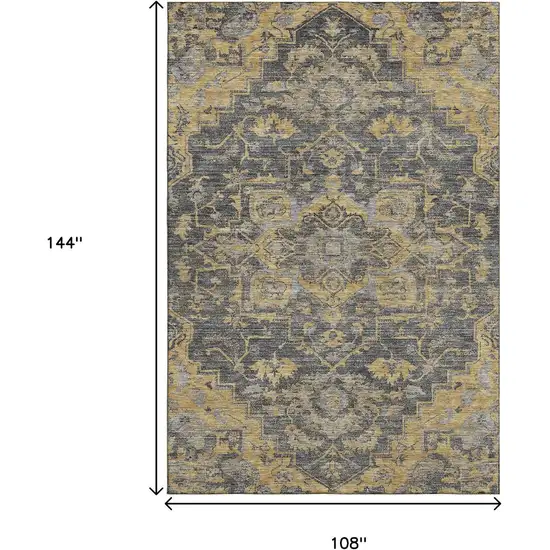 Gray Gold And Silver Floral Medallion Washable Area Rug With UV Protection Photo 3