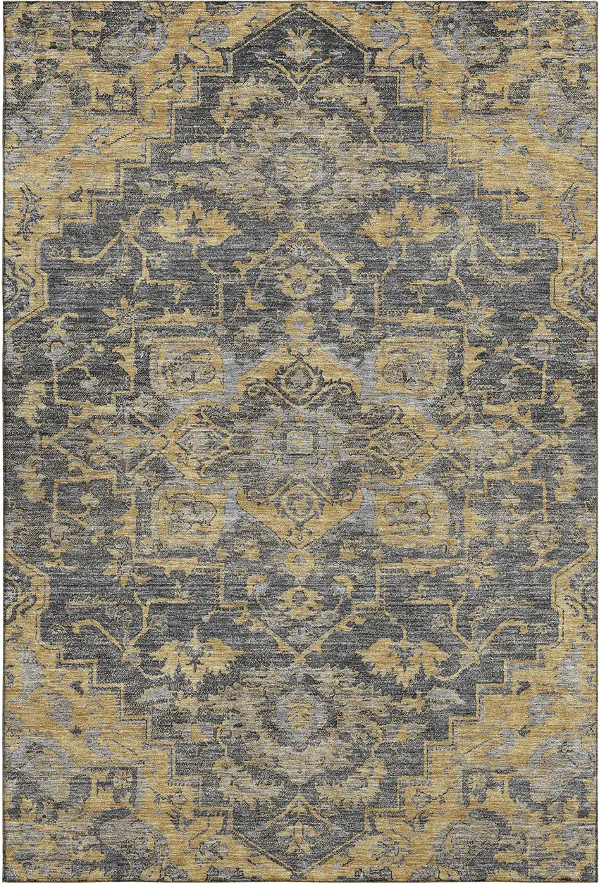 Gray Gold And Silver Floral Medallion Washable Area Rug With UV Protection Photo 2