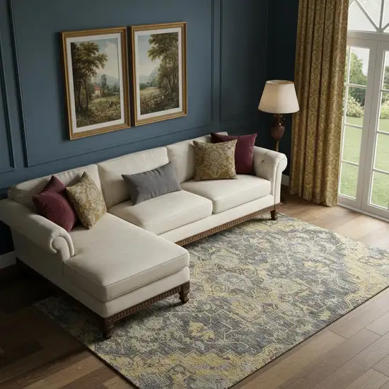 Gray Gold And Silver Floral Medallion Washable Area Rug With UV Protection Photo 1