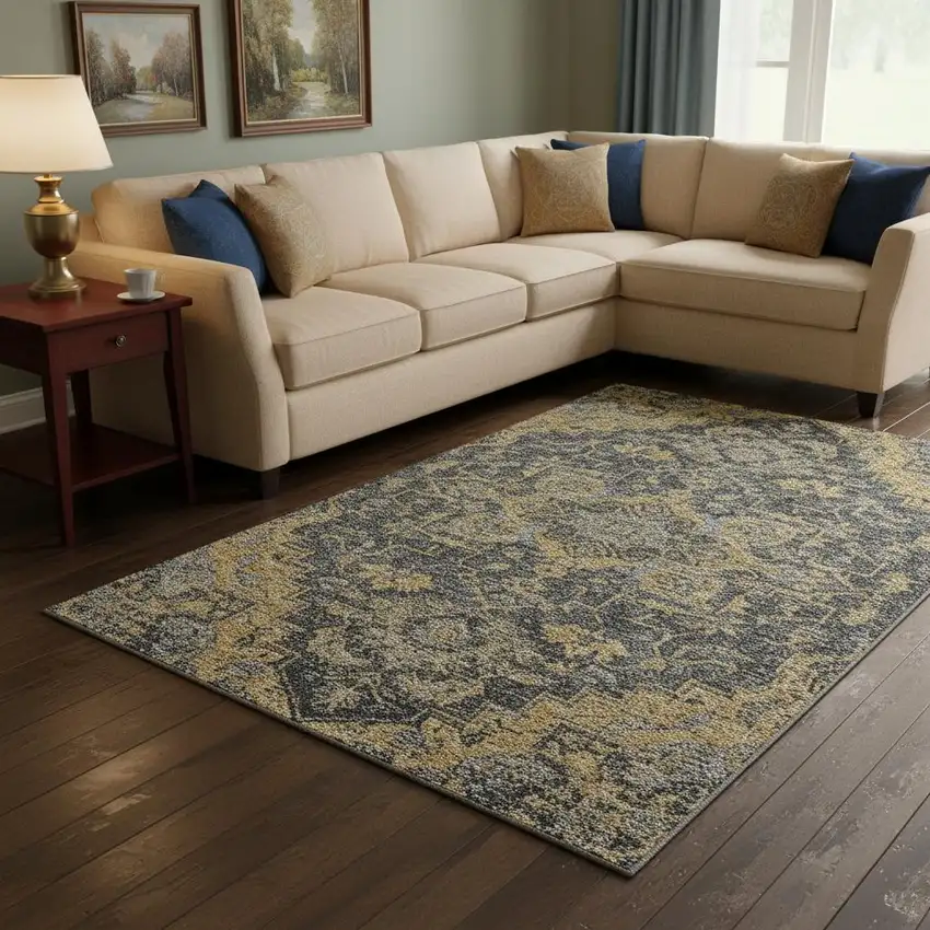 Gray Gold And Silver Floral Medallion Washable Area Rug With UV Protection Photo 2