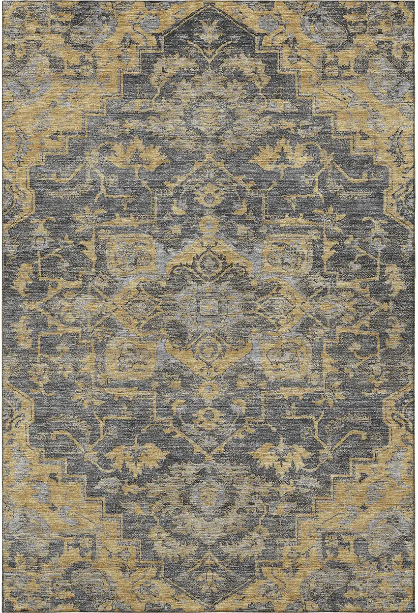 Gray Gold And Silver Floral Medallion Washable Area Rug With UV Protection Photo 3