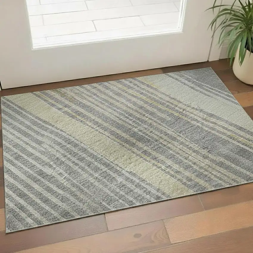 Gray Gold And Silver Geometric Washable Area Rug With UV Protection Photo 2