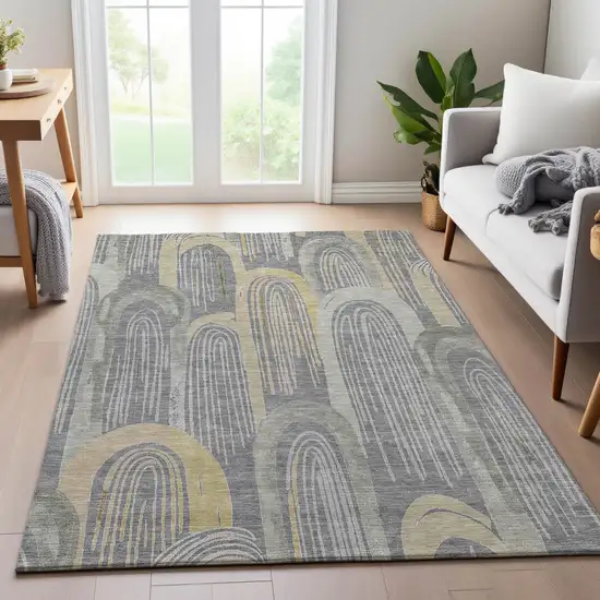 Gray Gold And Silver Geometric Washable Area Rug With UV Protection Photo 4